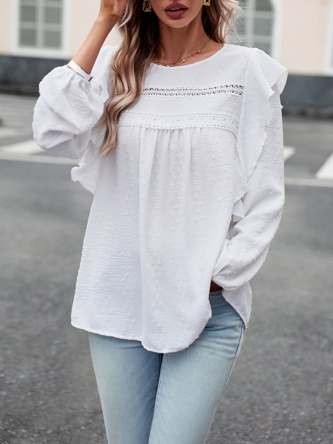 

BoStreet White Self Design Ruffled Top