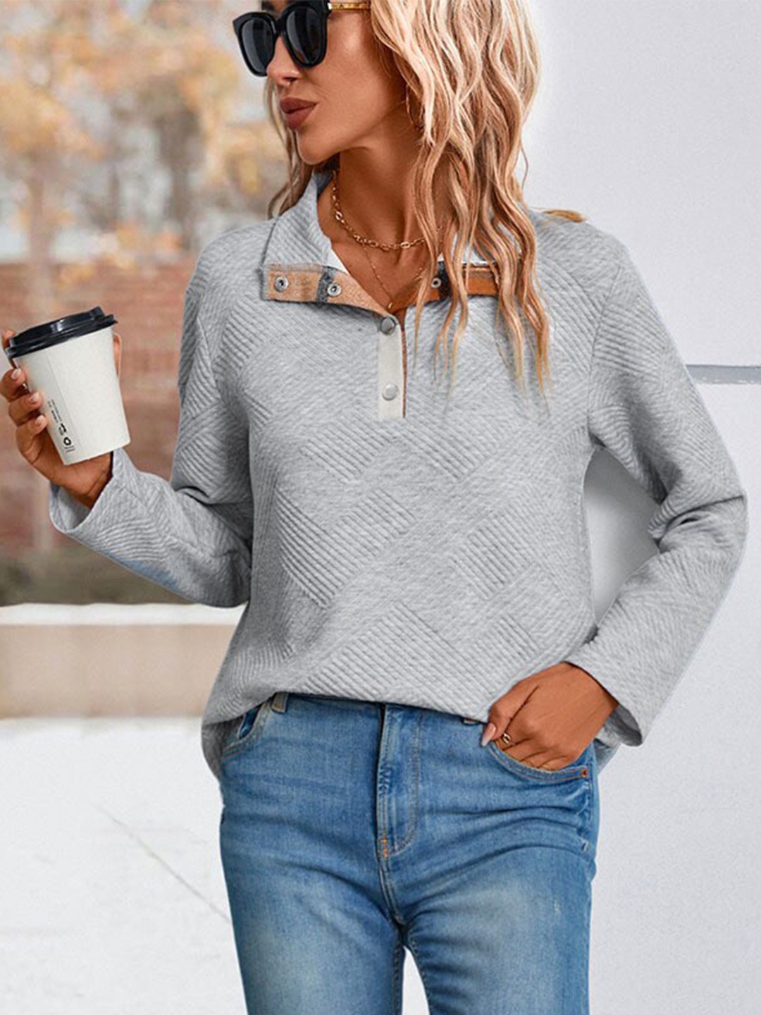 

BoStreet Grey High Neck Long Sleeves Top