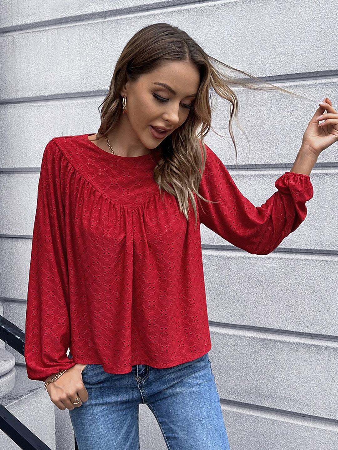 

BoStreet Red Schiffli long Sleeves Top