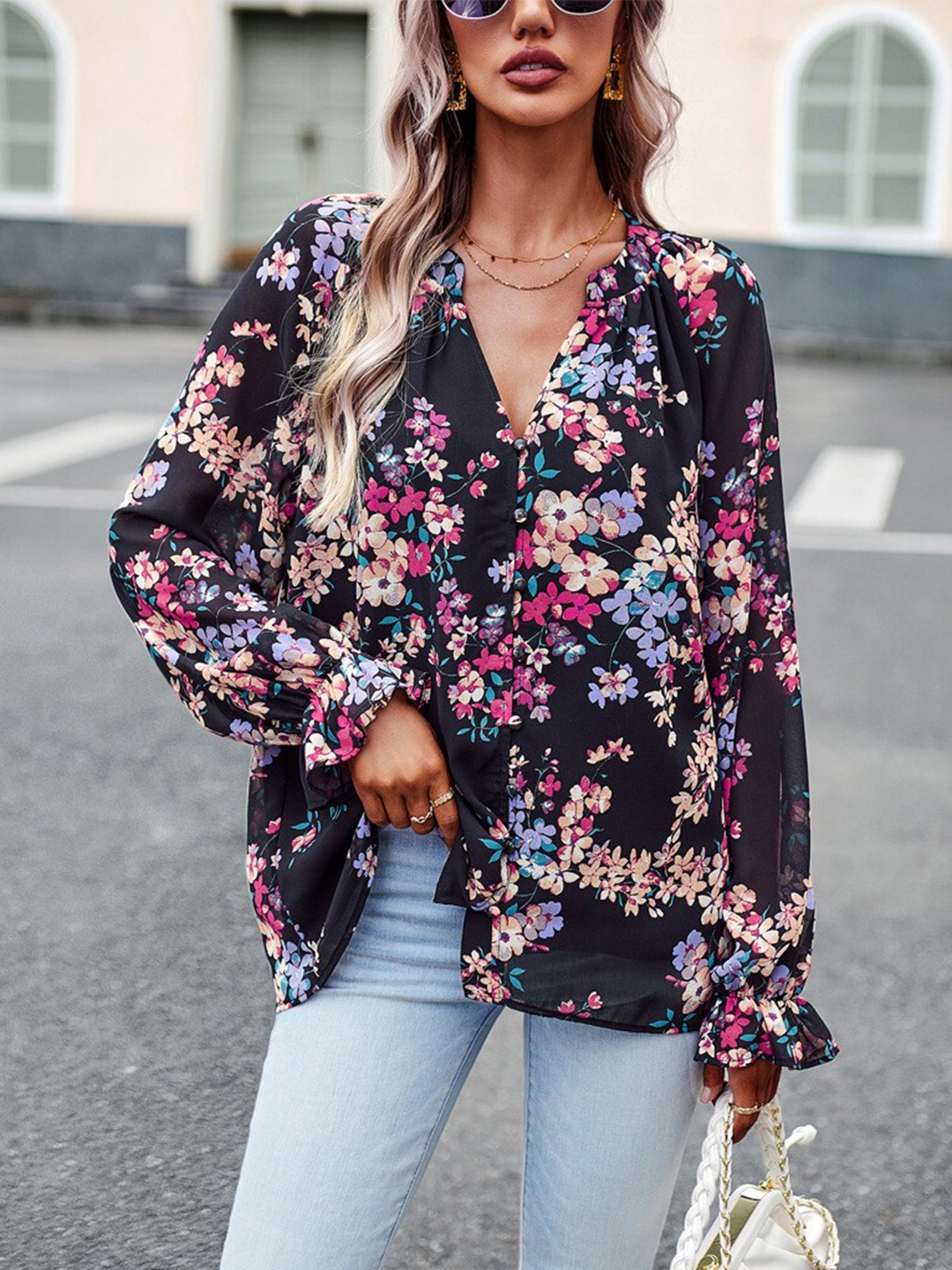 

BoStreet Black Floral Printed Puff Sleeve Top