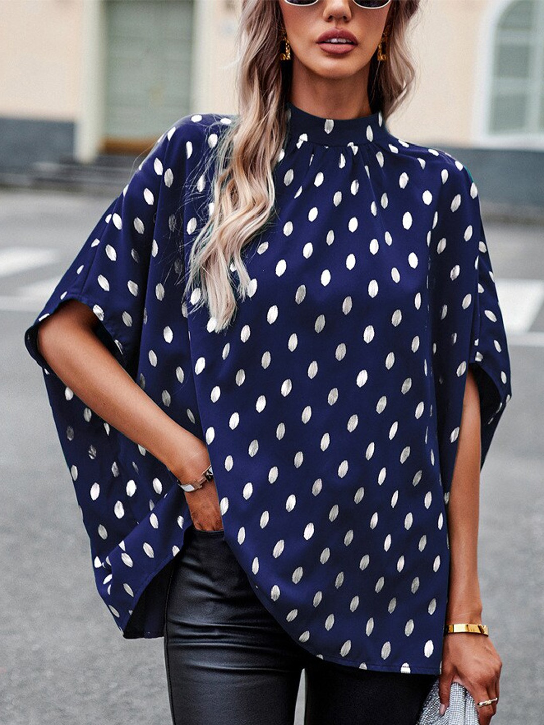 

BoStreet Navy Blue Conversational Printed High Neck Extended Sleeves Top