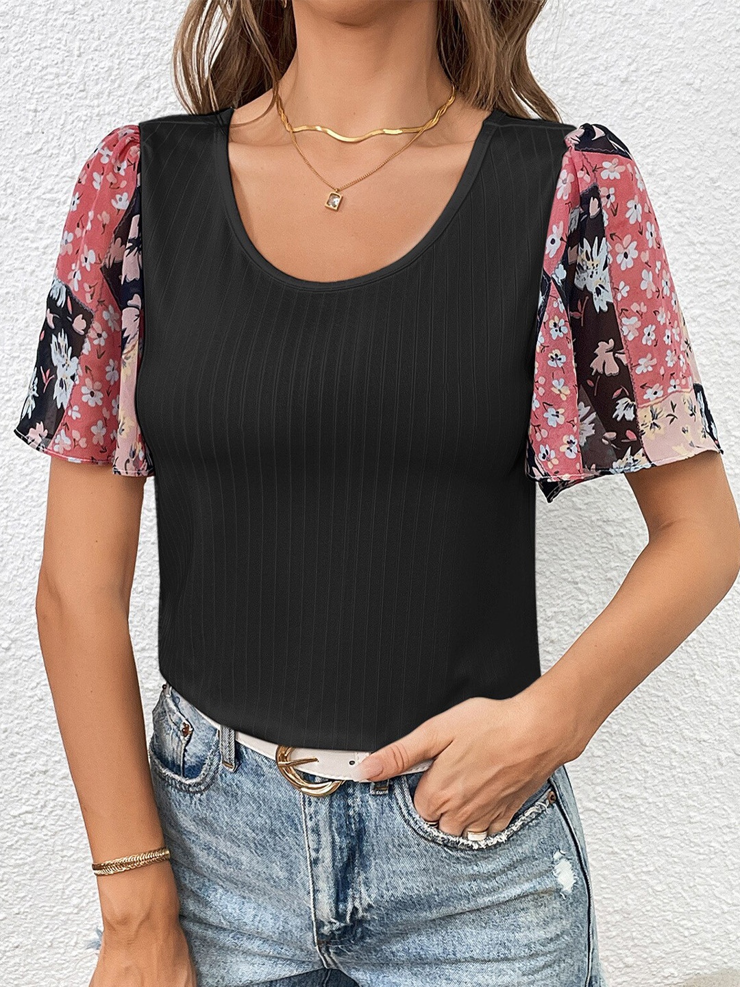 

StyleCast Black Colourblocked Scoop neck Flutter Sleeves Top