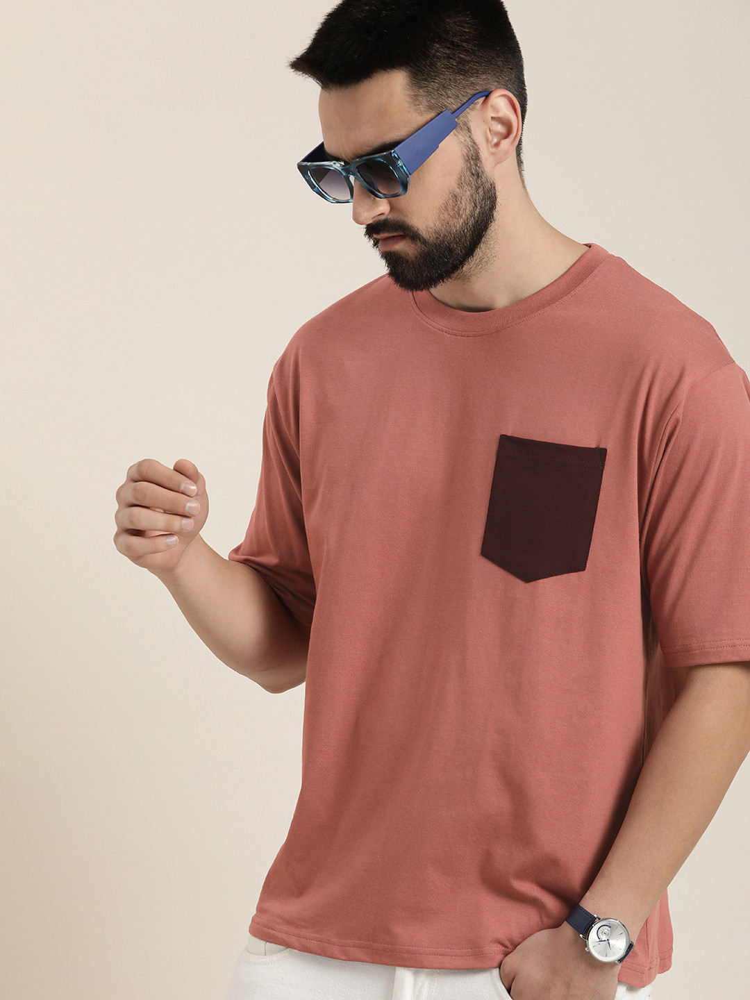 

DILLINGER Men Colourblocked Drop-Shoulder Sleeves Oversized Pure Cotton T-shirt, Pink