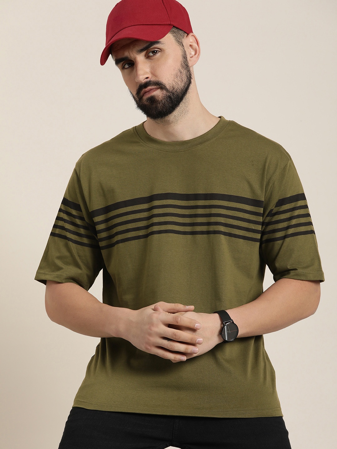 

DILLINGER Men Striped Drop-Shoulder Sleeves Oversized Pure Cotton T-shirt, Olive
