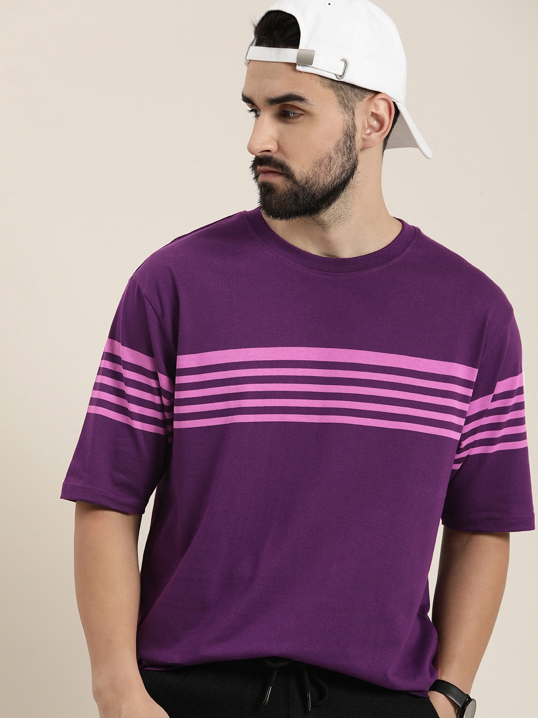 

DILLINGER Men Striped Drop-Shoulder Sleeves Oversized Pure Cotton T-shirt, Purple