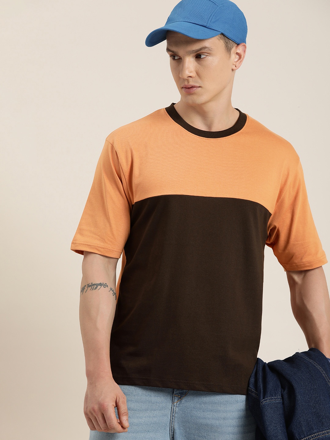 

DILLINGER Men Colourblocked Drop-Shoulder Sleeves Oversized Pure Cotton T-shirt, Brown