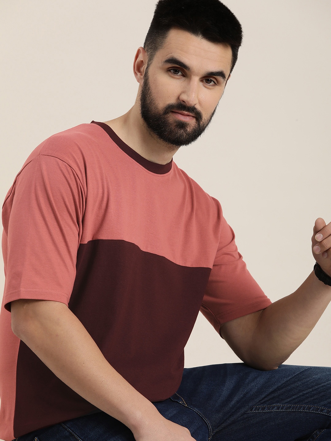 

DILLINGER Men Colourblocked Drop-Shoulder Sleeves Oversized Pure Cotton T-shirt, Pink