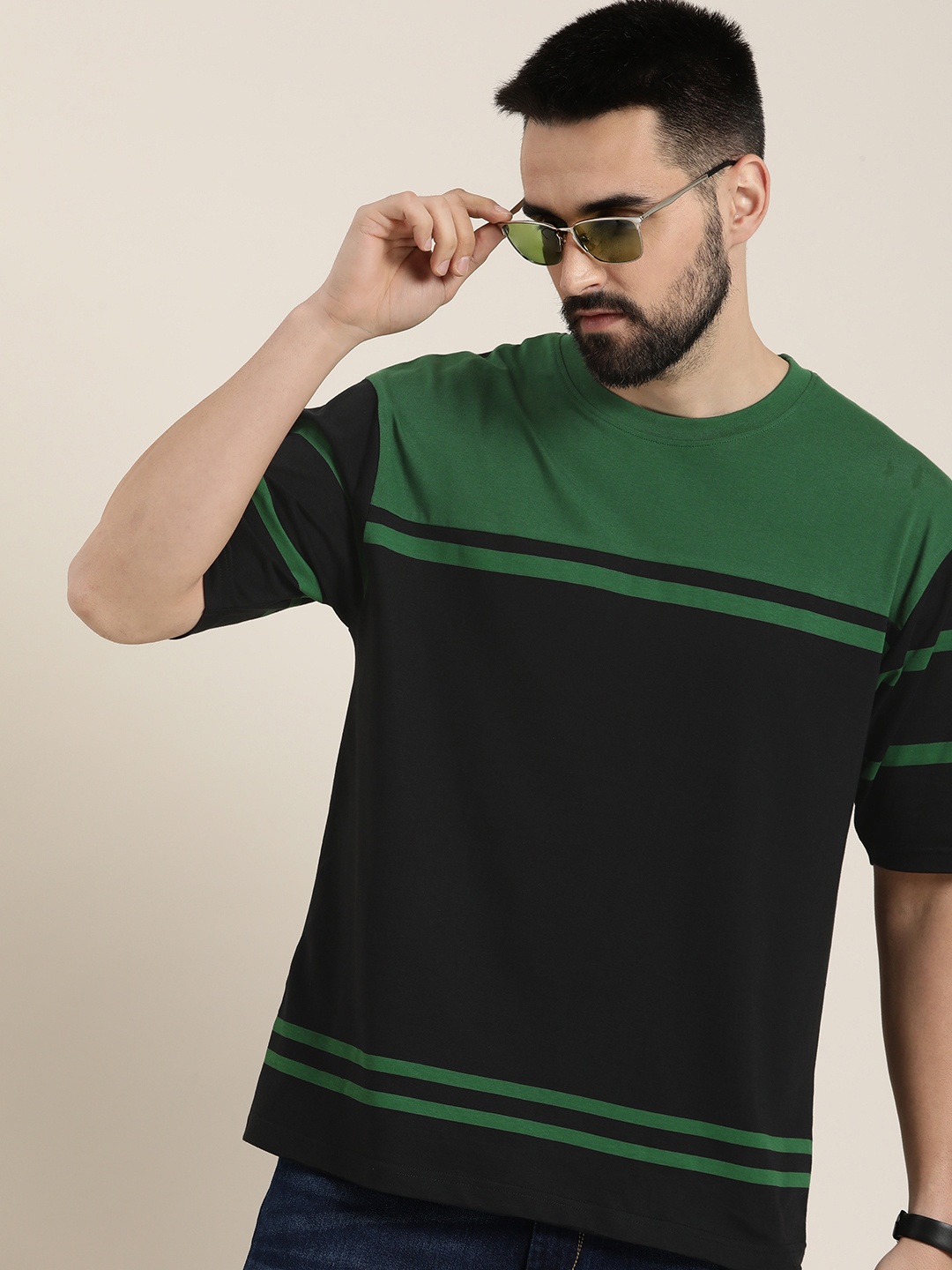 

DILLINGER Men Colourblocked Drop-Shoulder Sleeves Oversized Pure Cotton T-shirt, Green