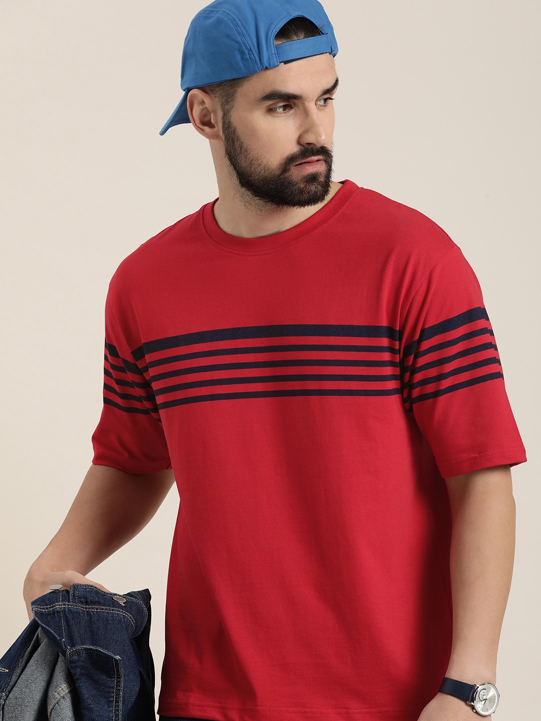 

DILLINGER Men Striped Oversized T-shirt, Red