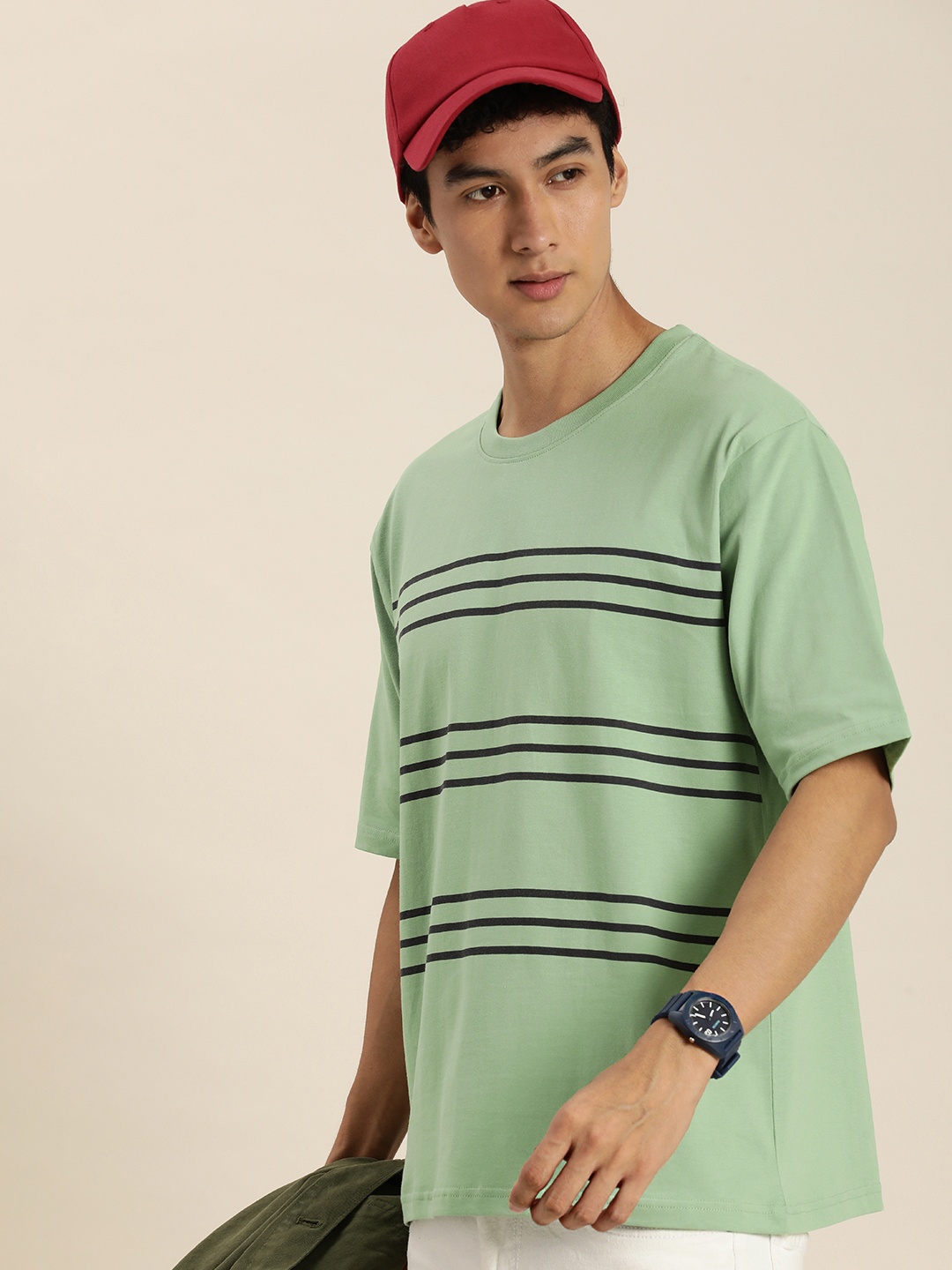 

DILLINGER Men Striped Oversized T-shirt, Green