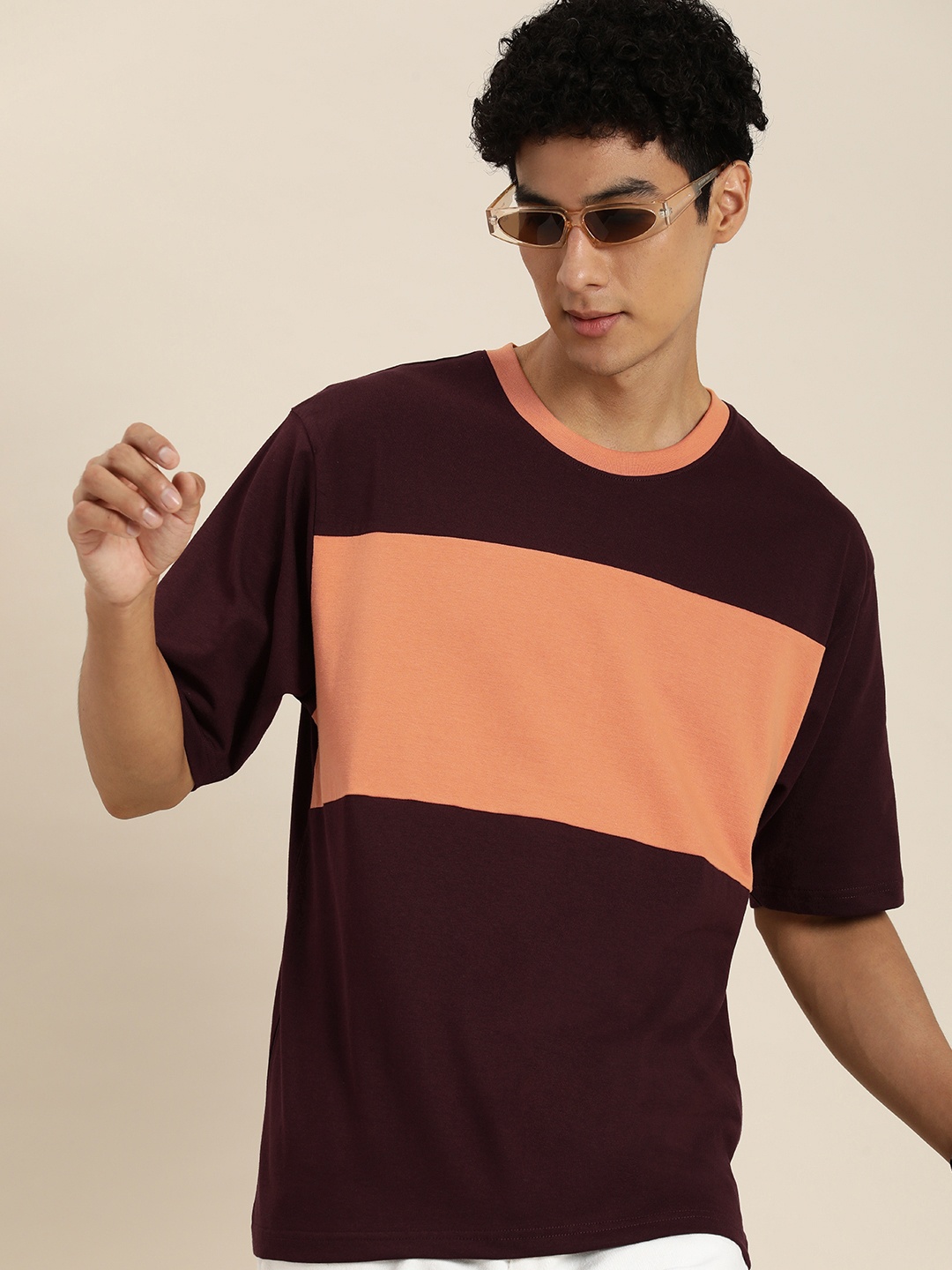 

DILLINGER Men Colourblocked Oversized T-shirt, Maroon