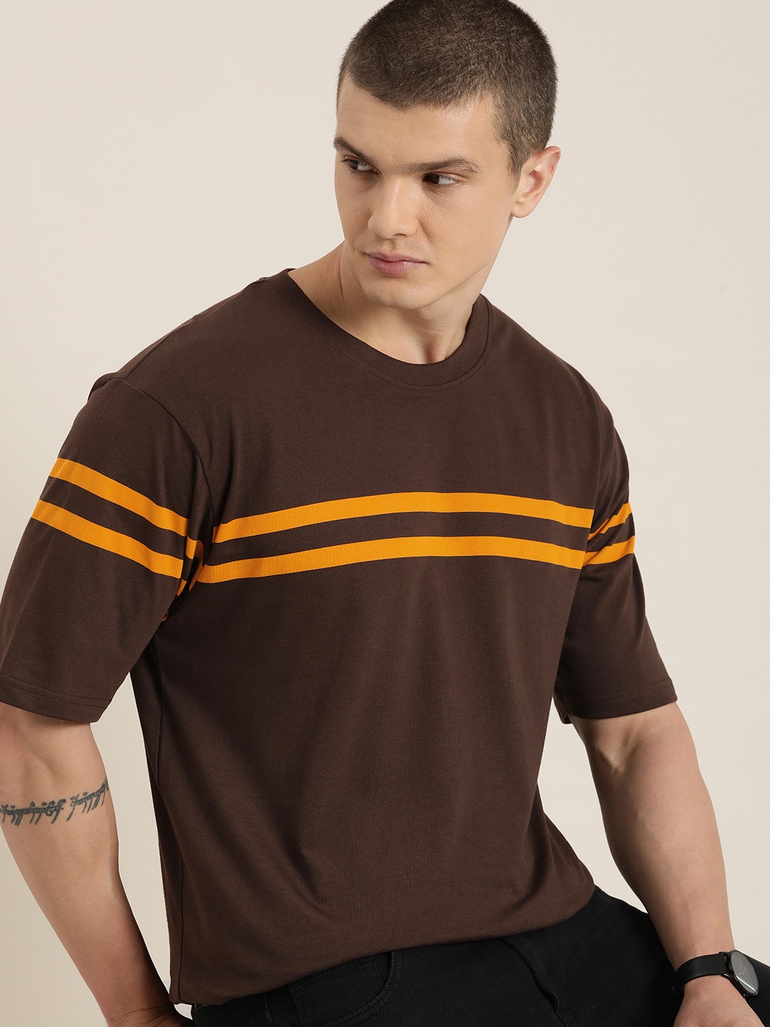 

DILLINGER Men Striped Oversized T-shirt, Brown