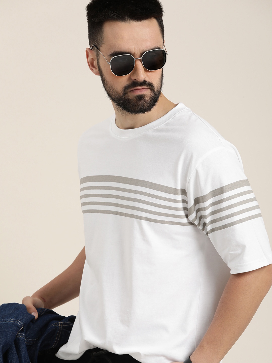 

DILLINGER Men Striped Drop-Shoulder Sleeves Oversized Pure Cotton T-shirt, White