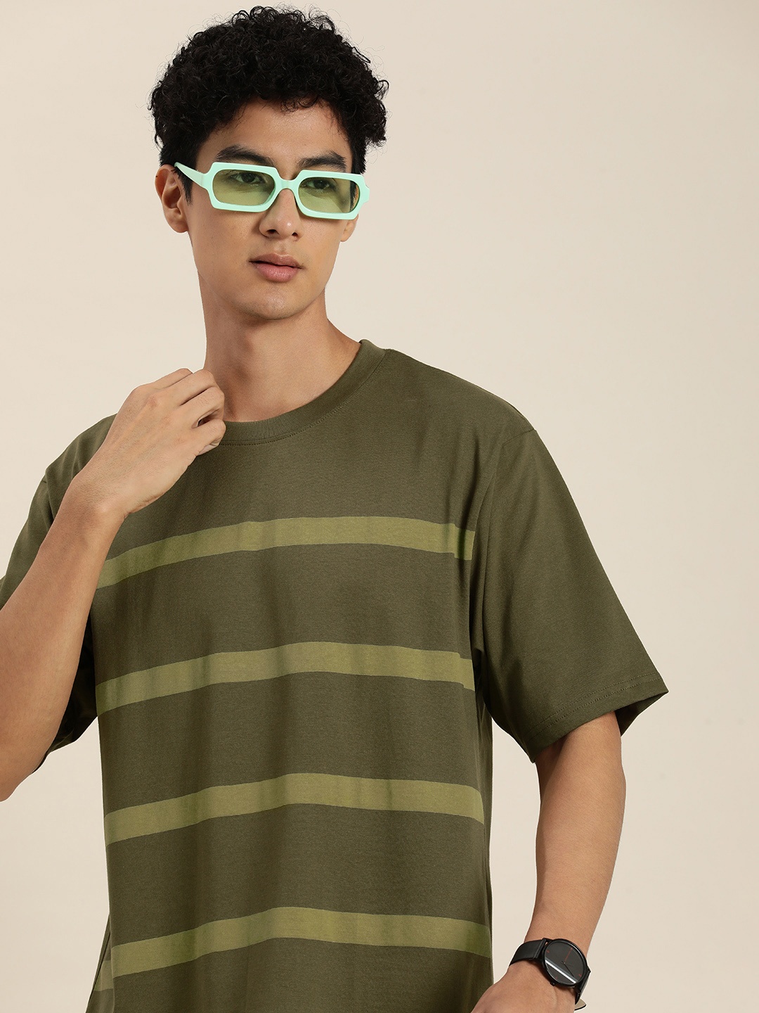 

DILLINGER Men Striped Oversized T-shirt, Olive