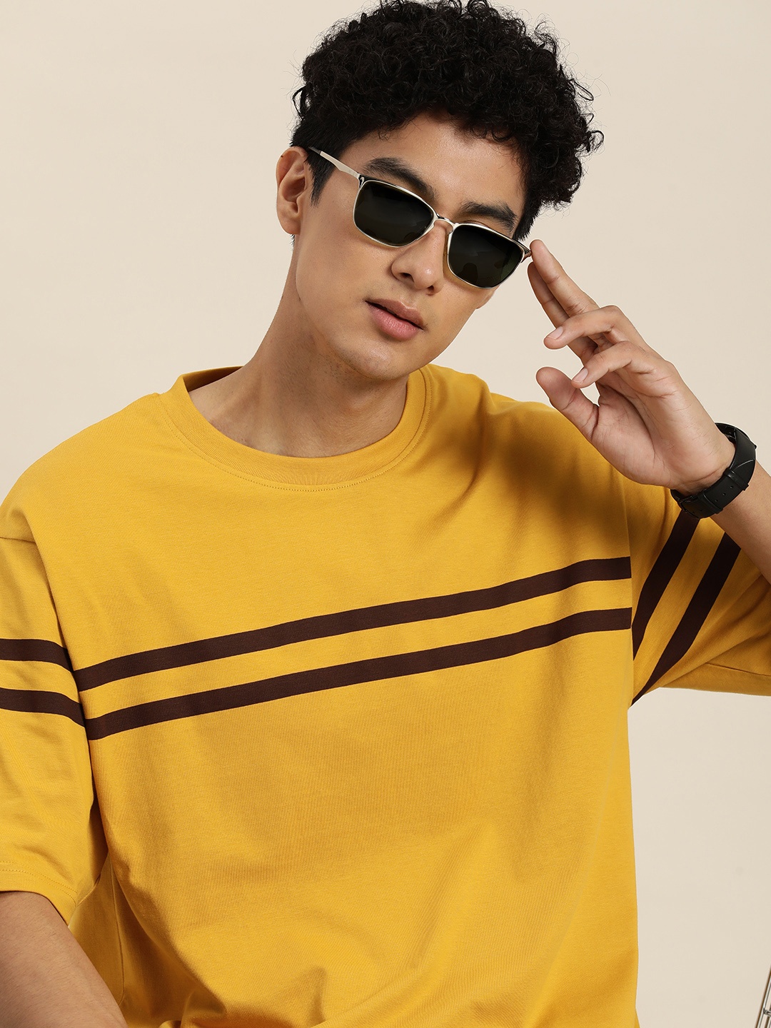 

DILLINGER Men Striped Oversized T-shirt, Mustard