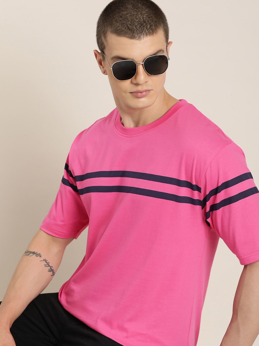 

DILLINGER Men Striped Drop-Shoulder Sleeves Oversized Pure Cotton T-shirt, Pink