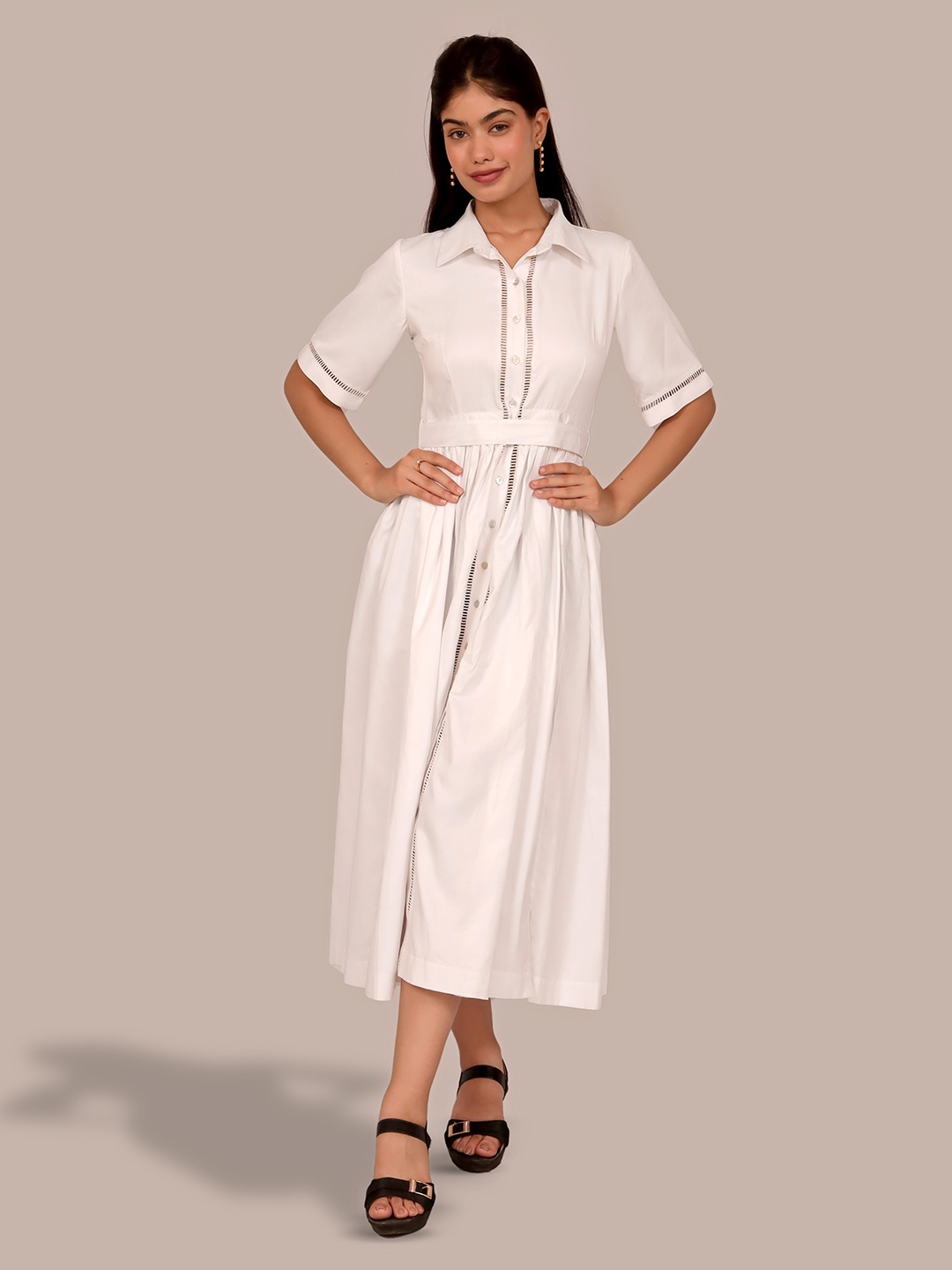 

Justin Whyte Spread Collar Satin Shirt Pure Cotton Midi Dress, White