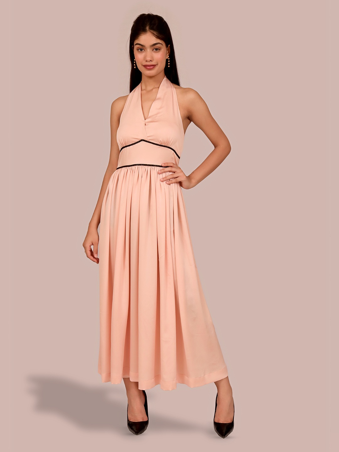 

Justin Whyte Halter Neck Satin Maxi Midi Dress, Rose gold