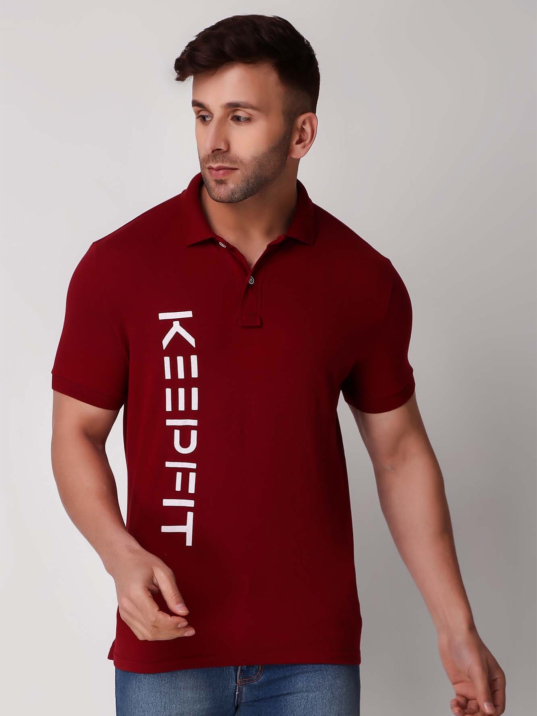 

Keepfit Typography Printed Polo Collar Cotton T-Shirt, Maroon