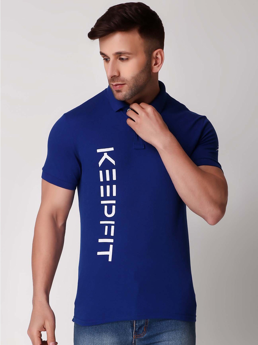 

Keepfit Typography Printed Polo Collar Cotton T-Shirt, Blue