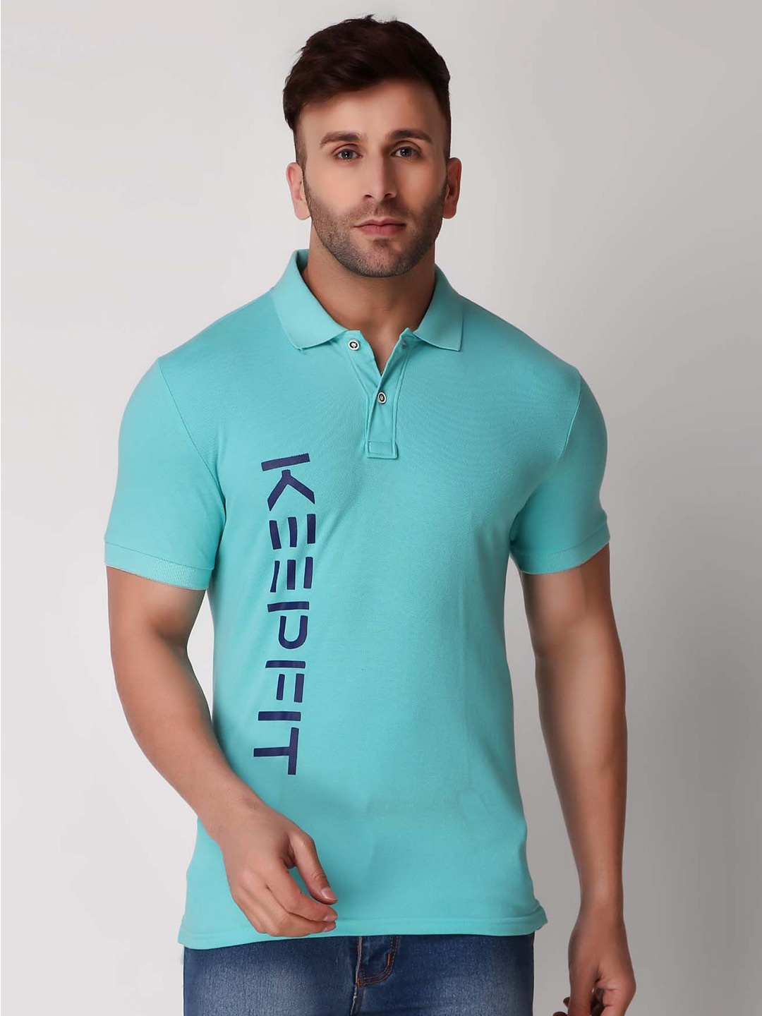 

Keepfit Typography Printed Polo Collar Cotton T-Shirt, Blue