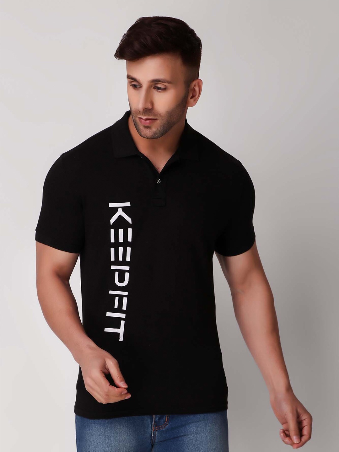 

Keepfit Typography Printed Polo Collar Regular Fit Cotton Casual T-Shirt, Black