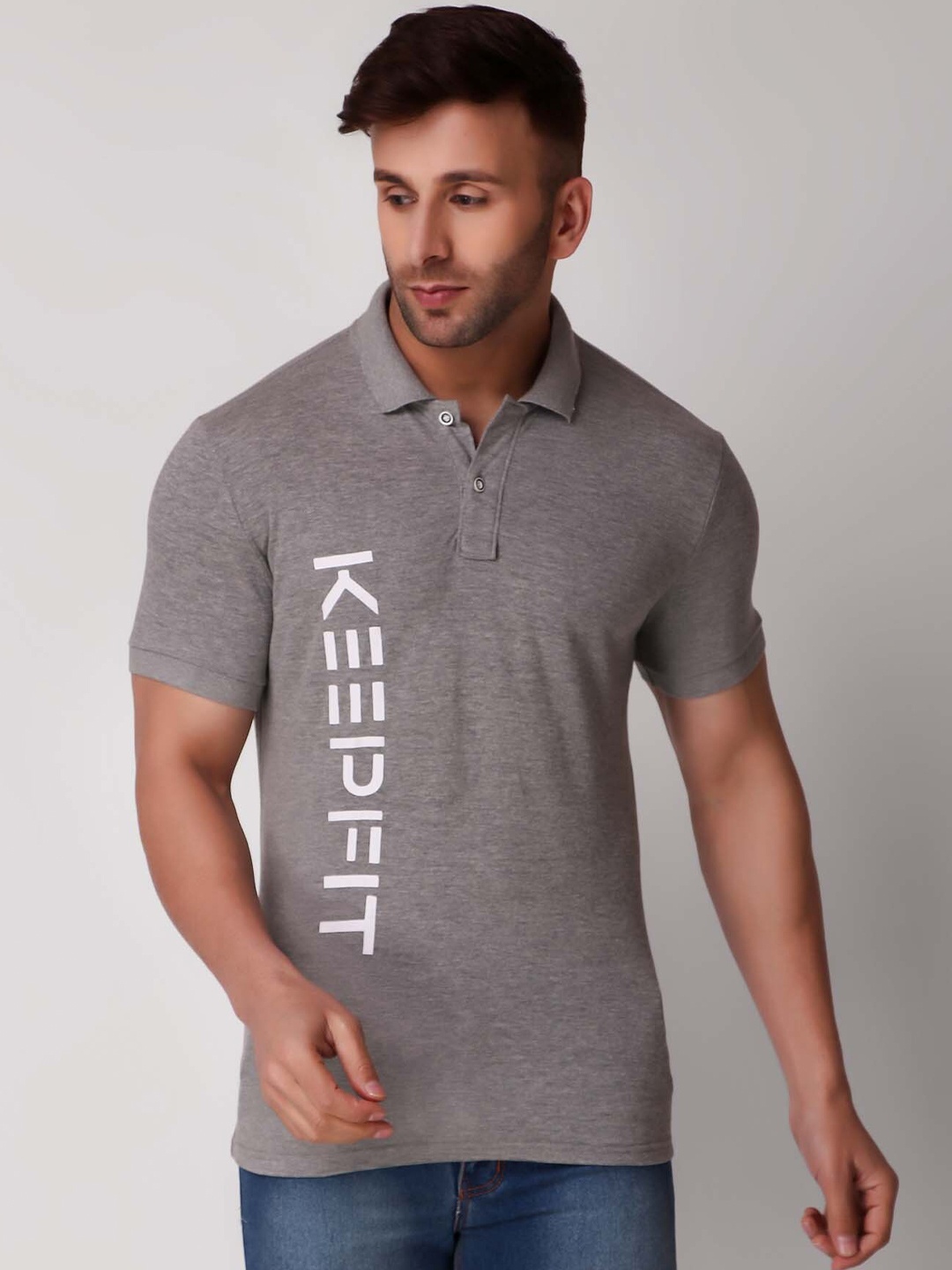 

Keepfit Typography Printed Polo Collar Regular Fit Cotton Casual T-Shirt, Grey