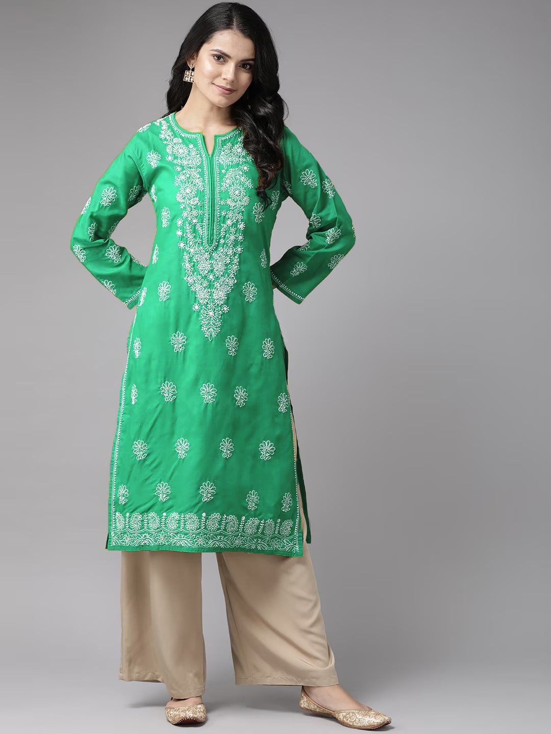 

ADA Ethnic Motifs Embroidered Chikankari Kurta, Green