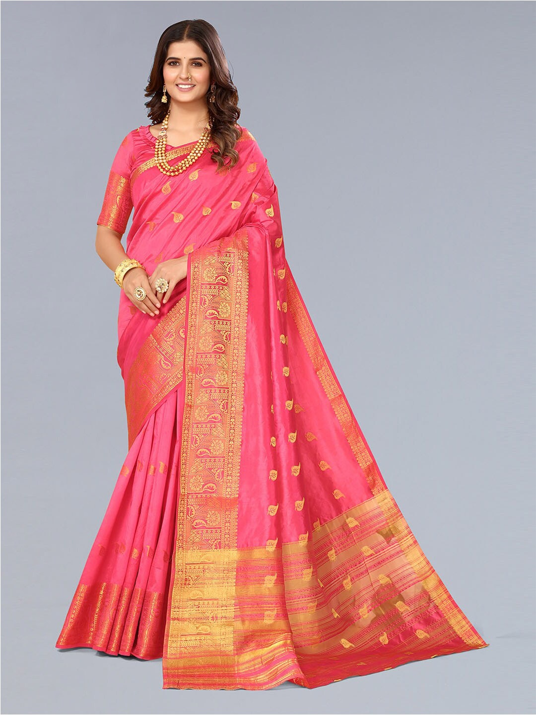 

Pisara Floral Woven Design Zari Silk Cotton Banarasi Saree, Pink