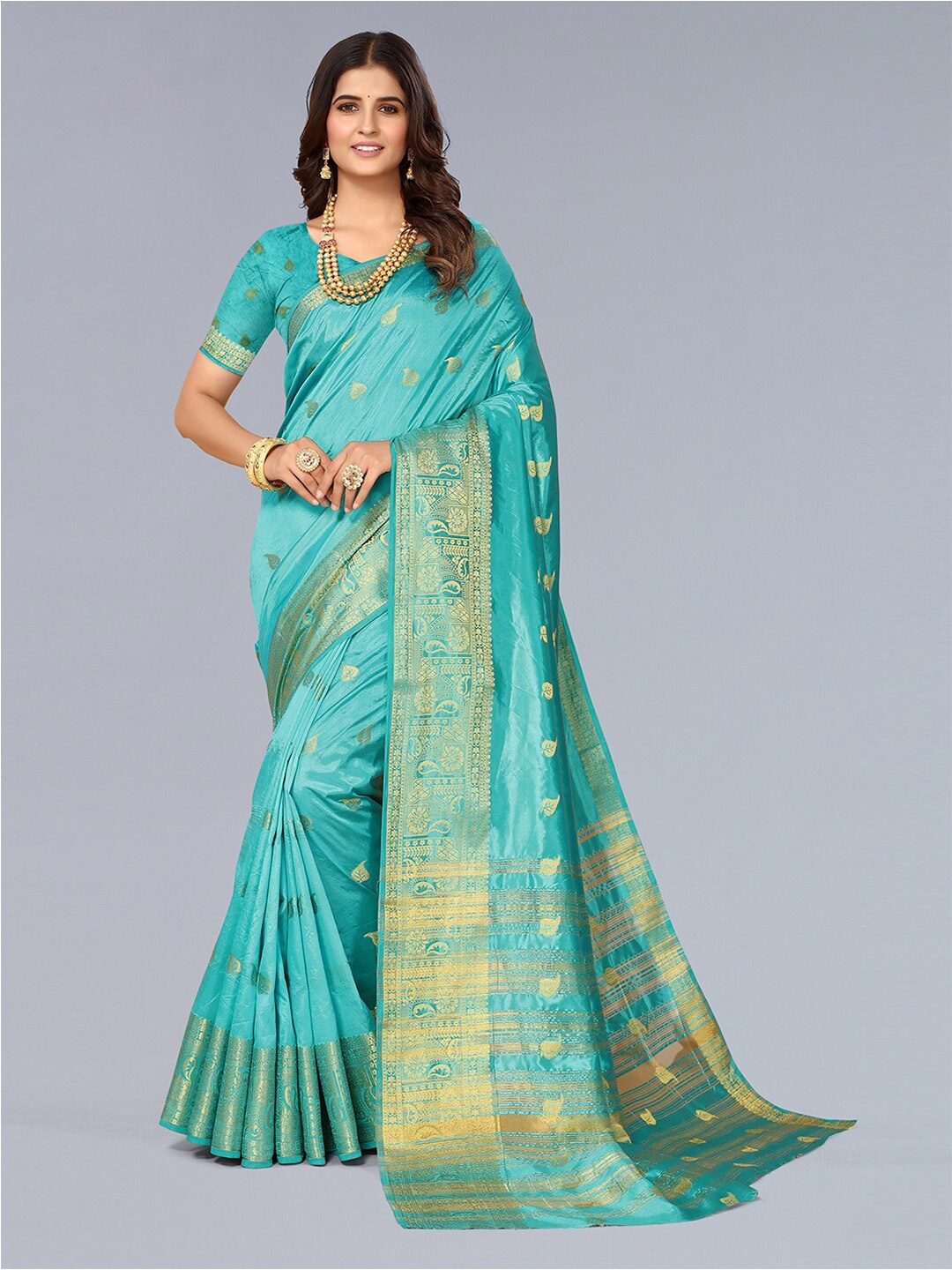 

Pisara Floral Woven Design Zari Silk Cotton Banarasi Saree, Turquoise blue