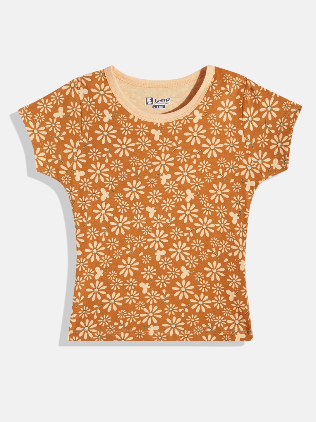 

Eteenz Girls Premium Cotton Floral Printed T-shirt, Orange