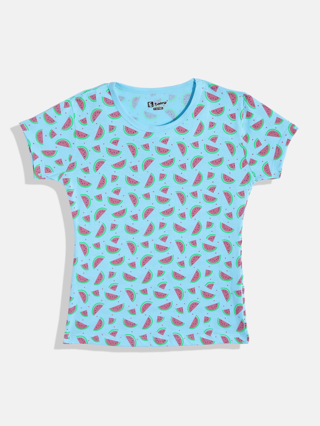 

Eteenz Girls Watermelon Printed Premium Cotton T-shirt, Turquoise blue