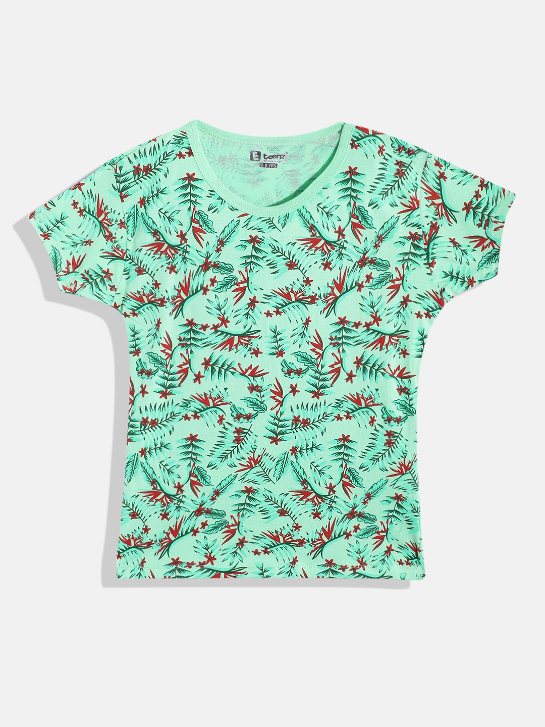 

Eteenz Girls Premium Cotton Tropical Printed T-shirt, Green