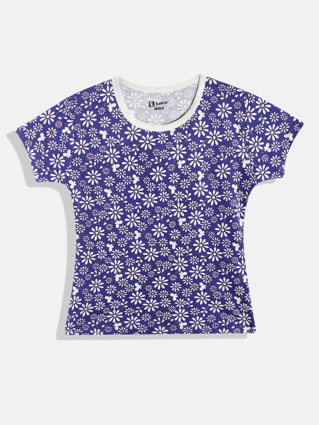 

Eteenz Girls Floral Printed Premium Cotton T-shirt, Navy blue