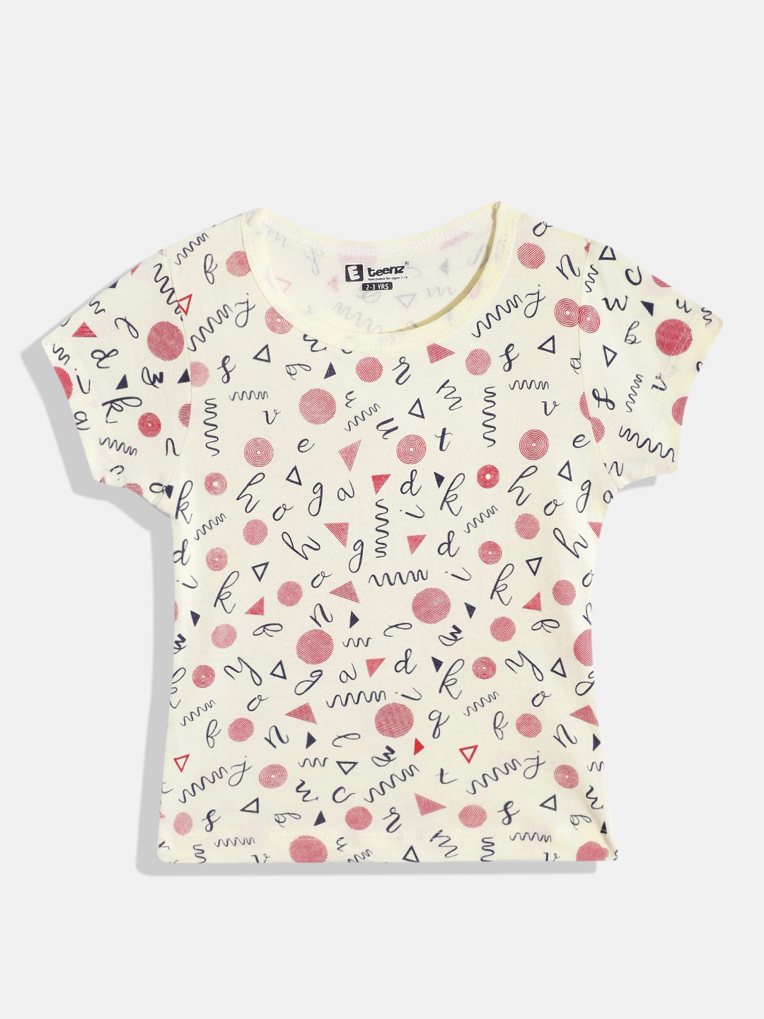 

Eteenz Girls Geometric & Typography Printed Premium Cotton T-shirt, Cream