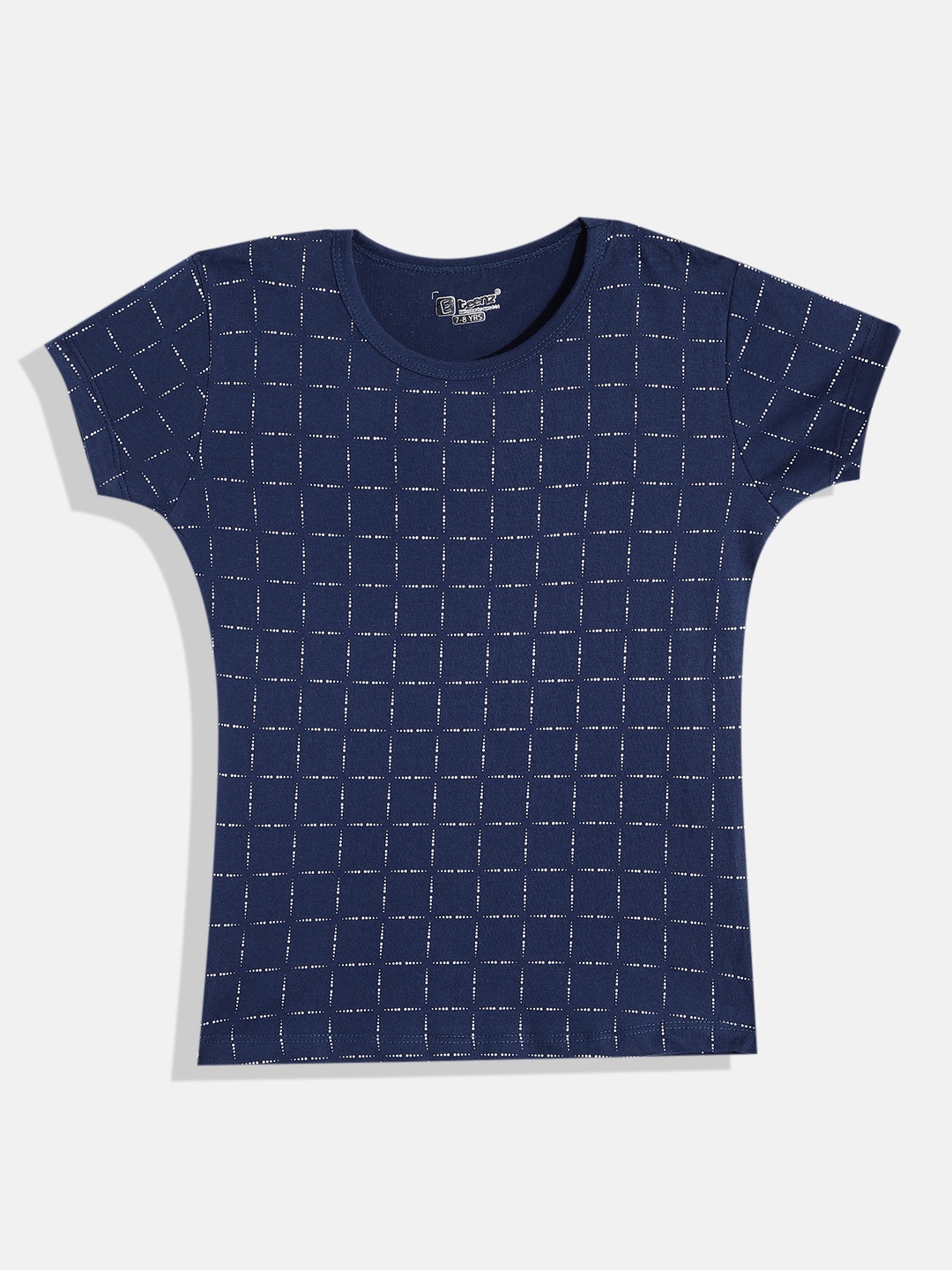 

Eteenz Girls Checked Premium Cotton T-shirt, Navy blue