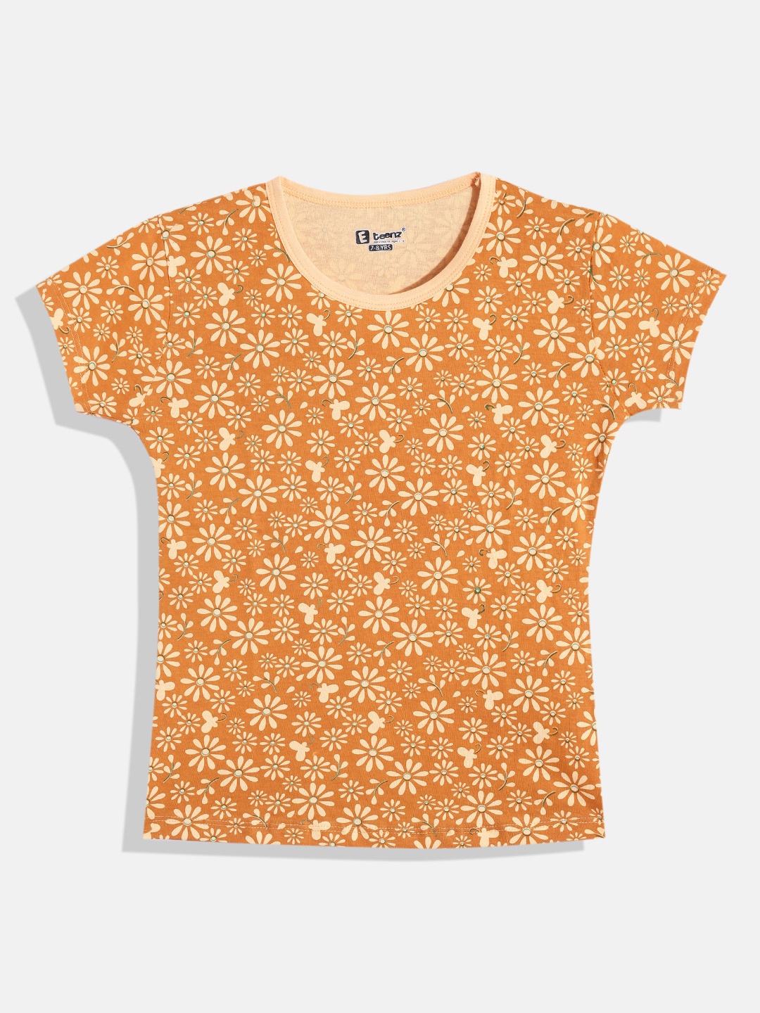 

Eteenz Girls Premium Cotton Floral Printed T-shirt, Orange