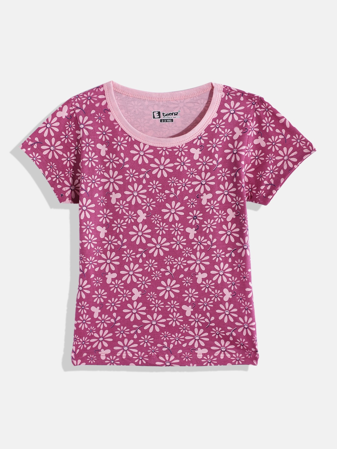 

Eteenz Girls Floral Printed Premium Cotton T-shirt, Maroon