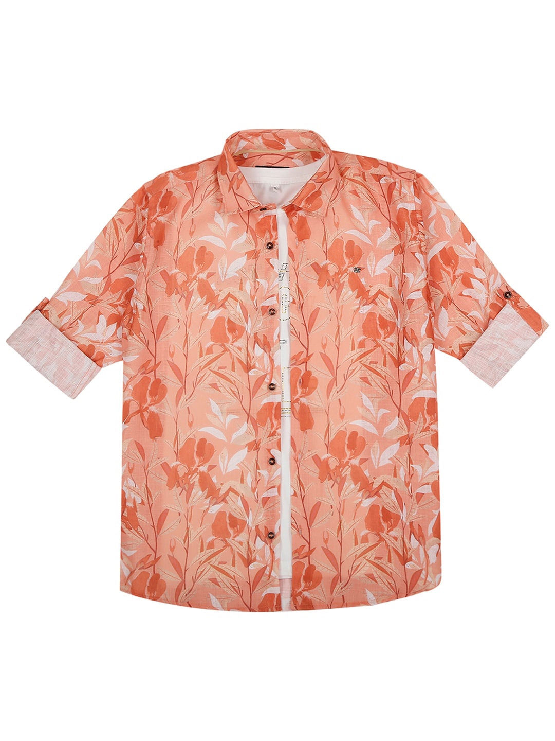 CAVIO Boys Orange Floral Printed Casual Shirt & T-Shirt