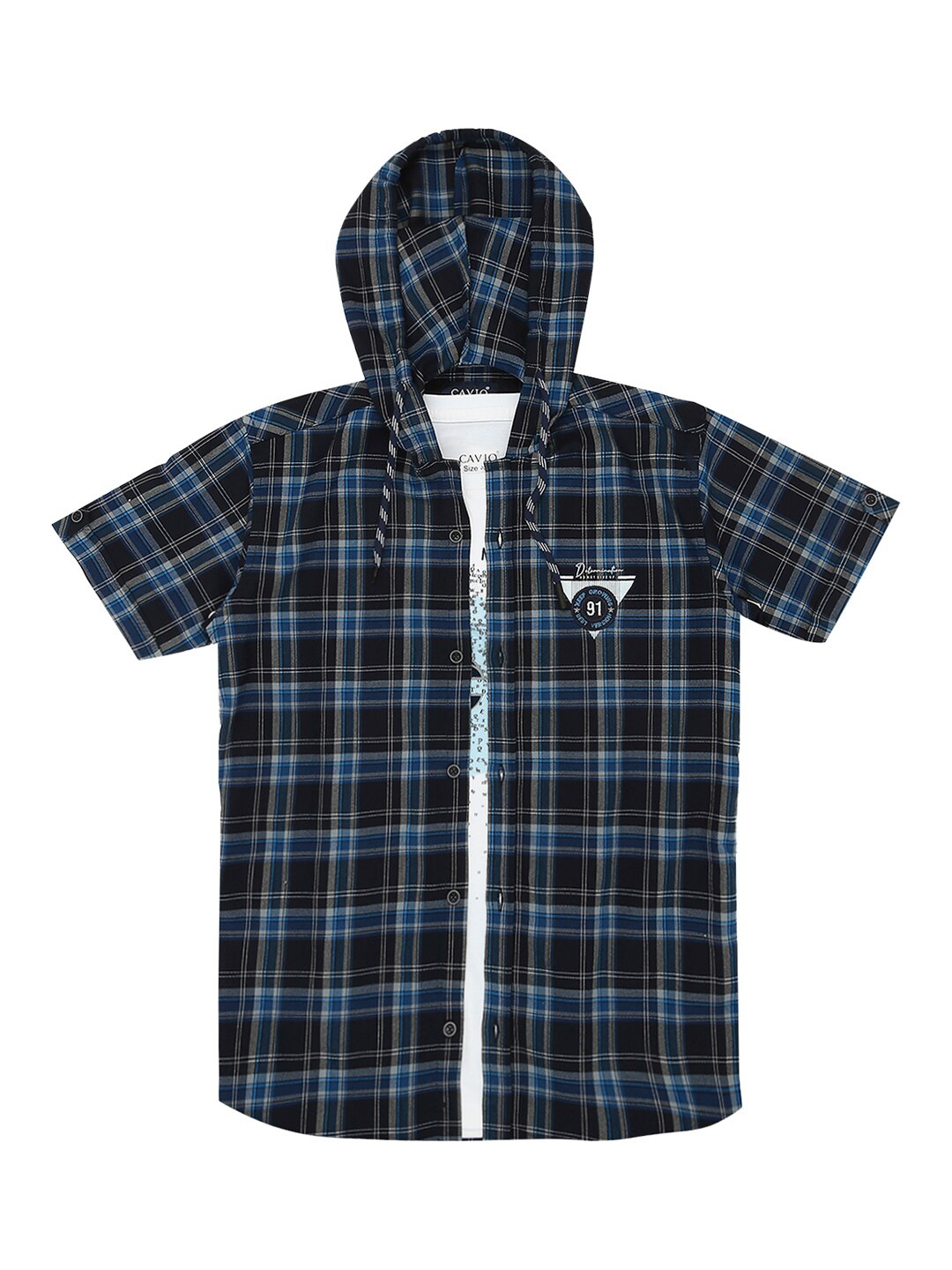 

CAVIO Boys Checked Hooded Cotton Casual Shirt & T-Shirt, Navy blue