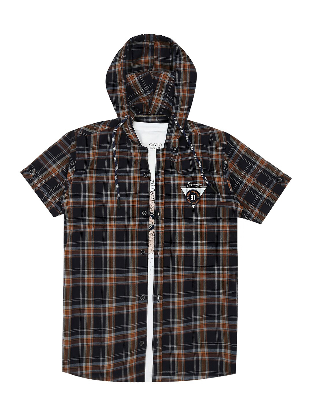 

CAVIO Boys Checked Comfort Hooded Cotton Casual Shirt With Graphic Printed T-Shirt, Mustard