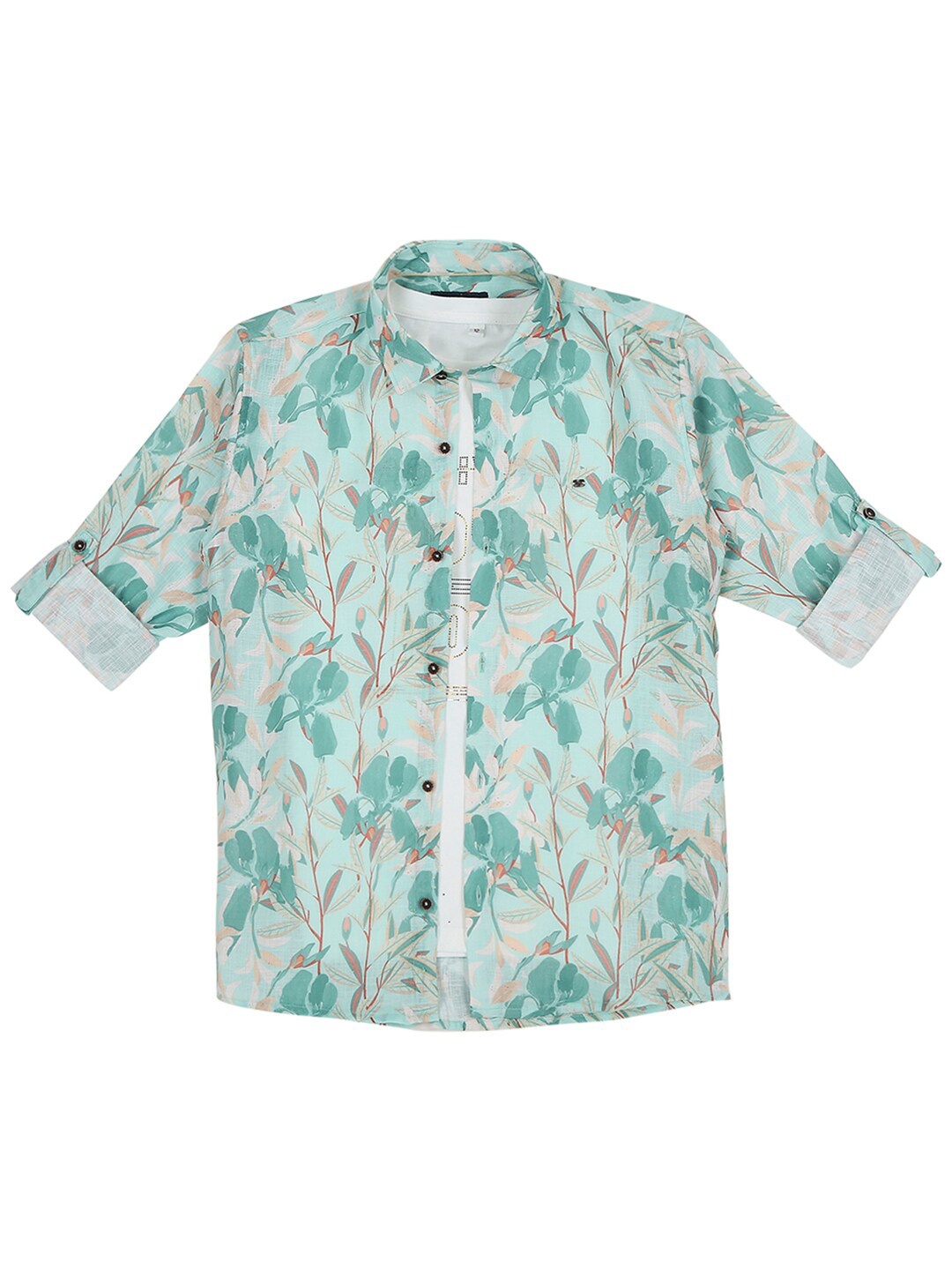

CAVIO Boys Comfort Floral Printed Casual Cotton Shirt With T-Shirt, Sea green