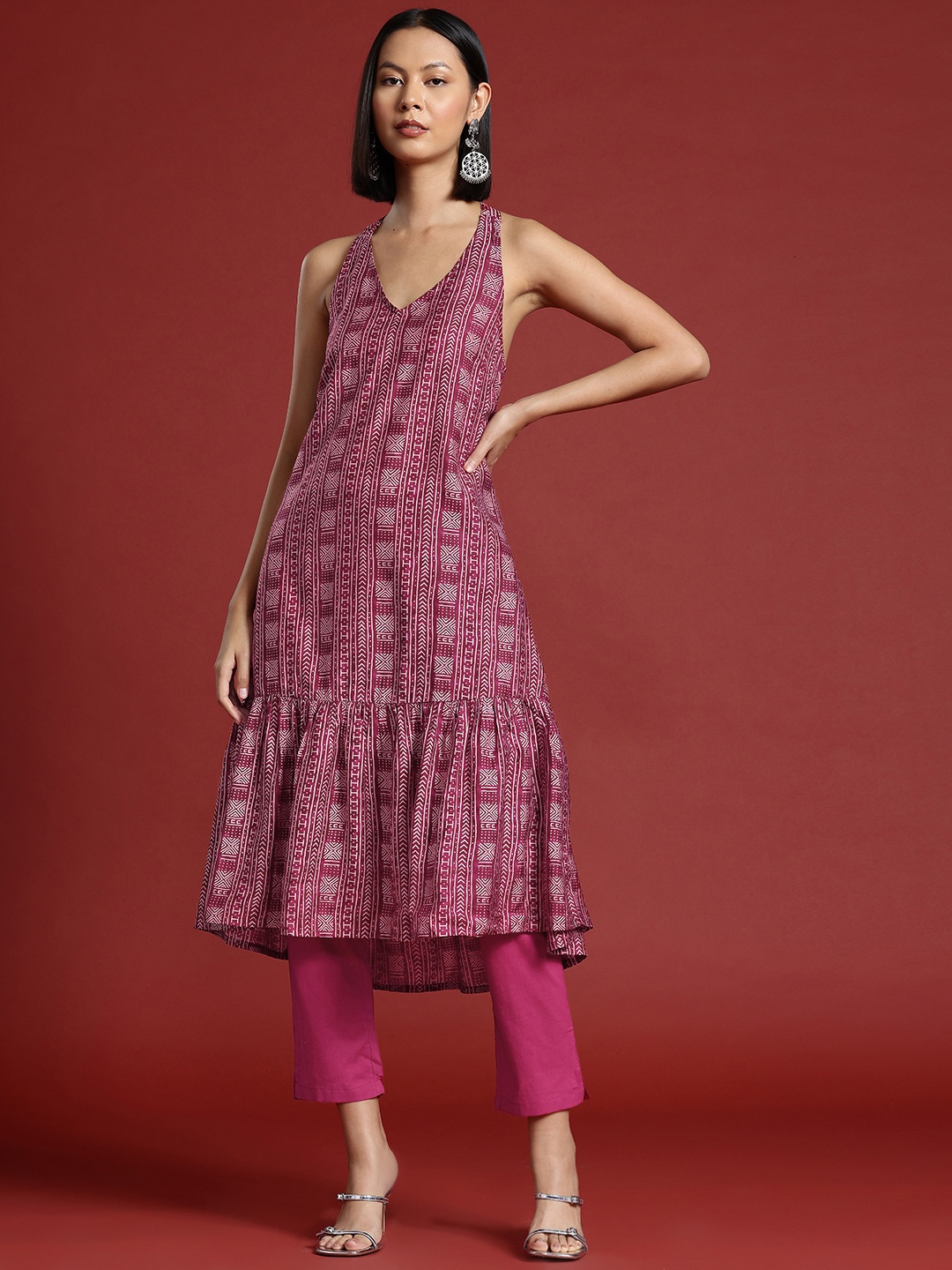 

all about you Ethnic Printed Halter Neck Kurta with Trousers, Pink