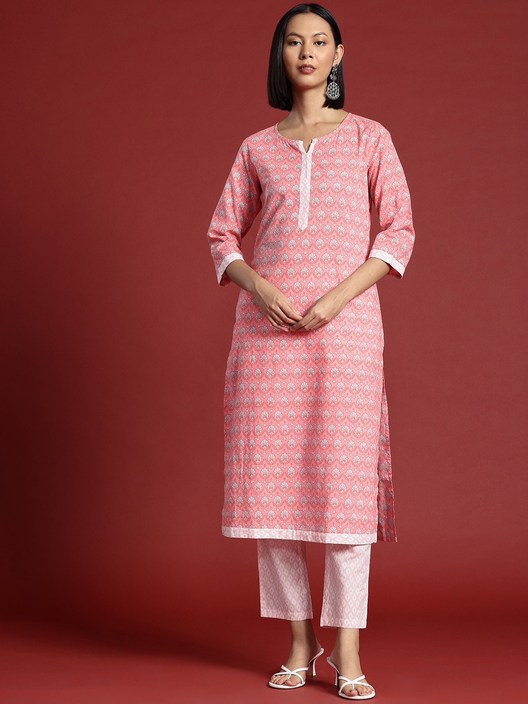 

all about you Floral Printed Pure Cotton Kurta with Trousers & Dupatta, Pink