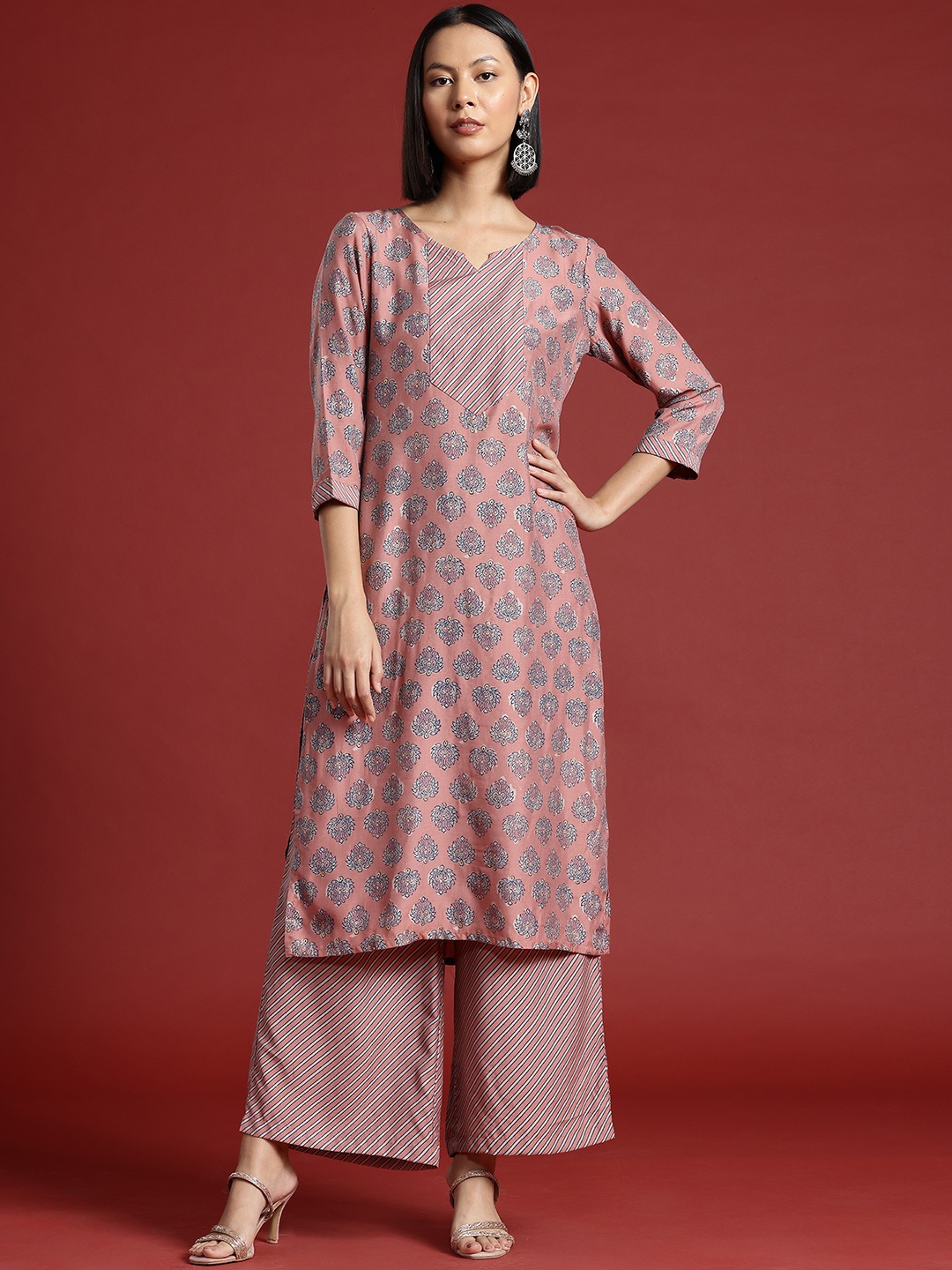 

all about you Ethnic Printed Kurta with Striped Palazzos, Pink