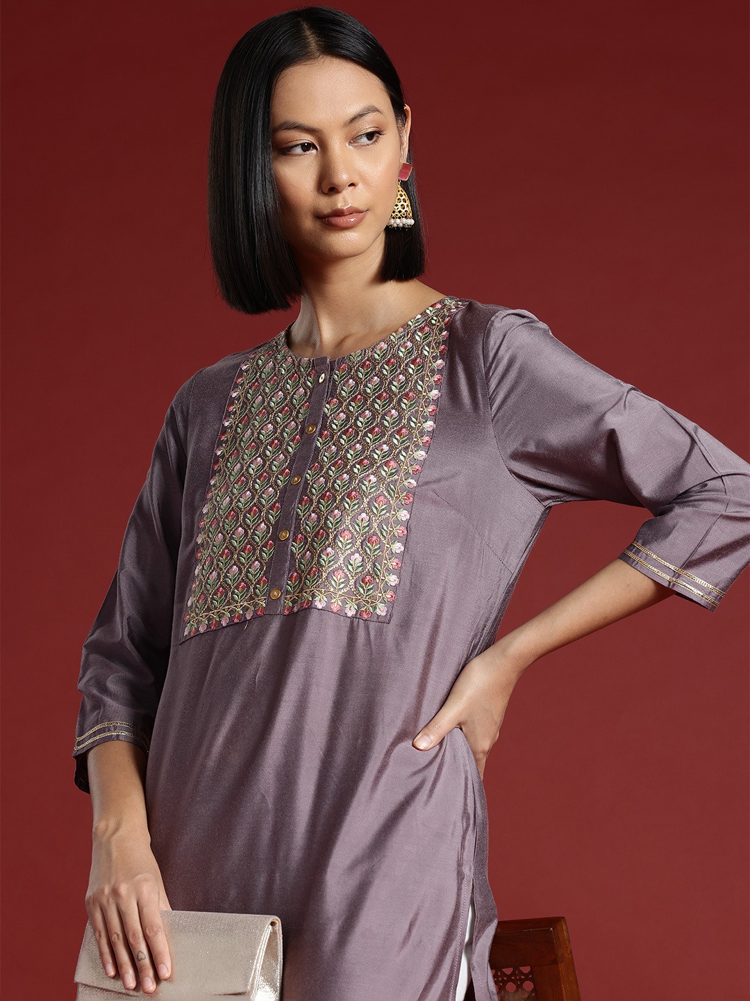 

all about you Floral Embroidered Gotta-Patti Detailed Kurta, Mauve