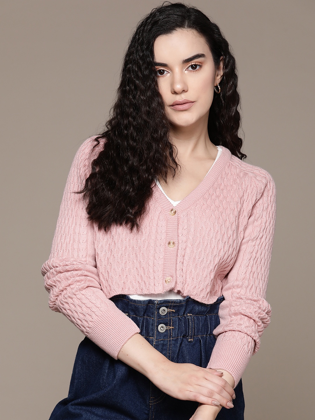 

The Roadster Lifestyle Co. Acrylic Cable Knit Crop Cardigan, Pink