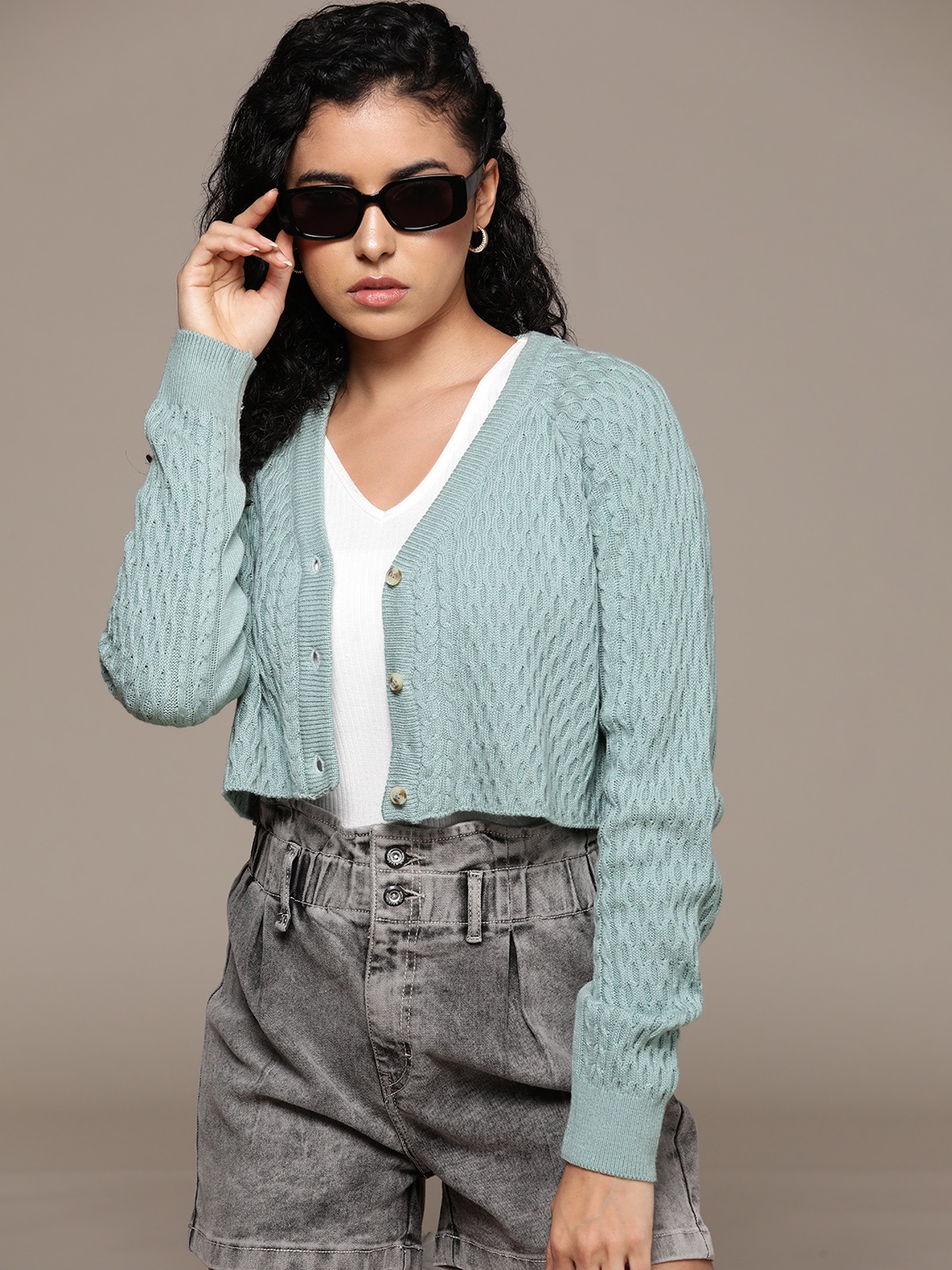 

Roadster Women Cable Knit Crop Cardigan, Green