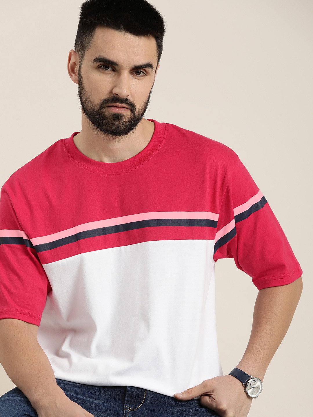 

DILLINGER Men Colourblocked Oversized T-shirt, Pink