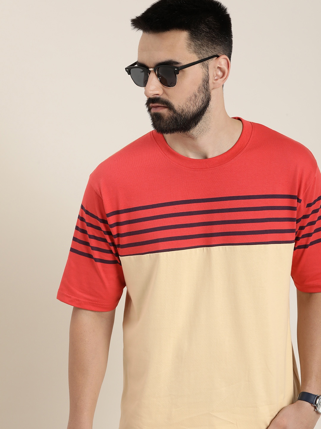

DILLINGER Men Striped Colourblocked Drop-Shoulder Sleeves Oversized Pure Cotton T-shirt, Red